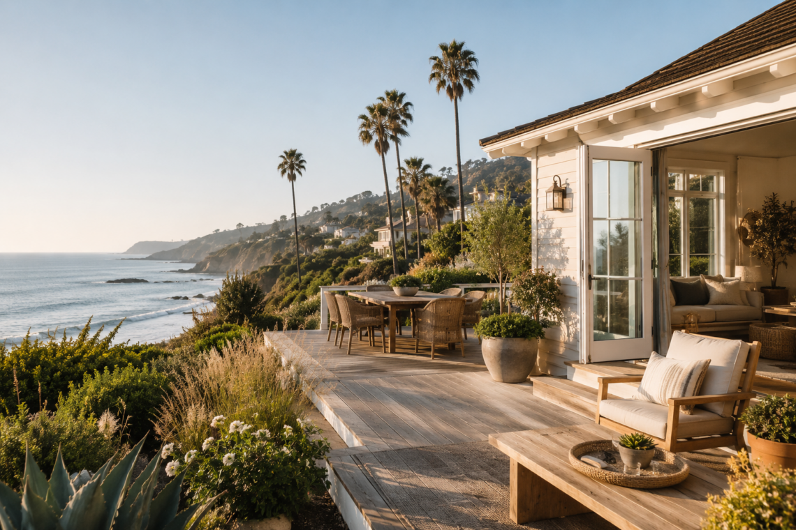 California summer house exterior representing seasonal coastal living.